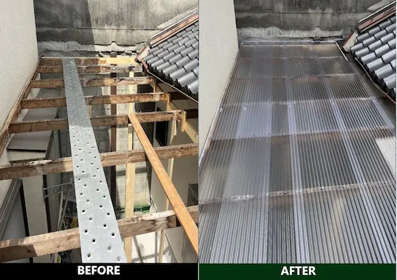 大阪府豊中市にて タキロンポリカ(カラー：クリア)波板張り替え工事