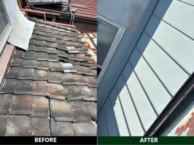 大阪市西成区にて|和瓦から立平(ナチュラルグレー)へ葺き替え工事